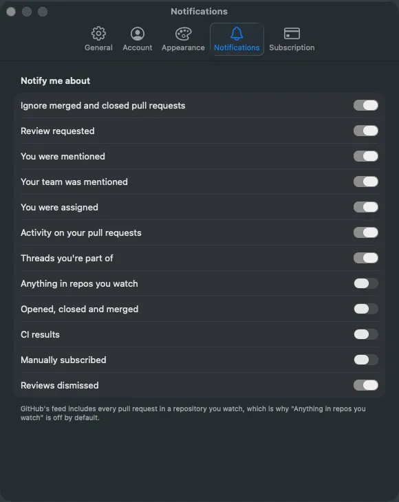 The Notifications tab of reviewdawg settings, listing twelve toggles for notification categories.