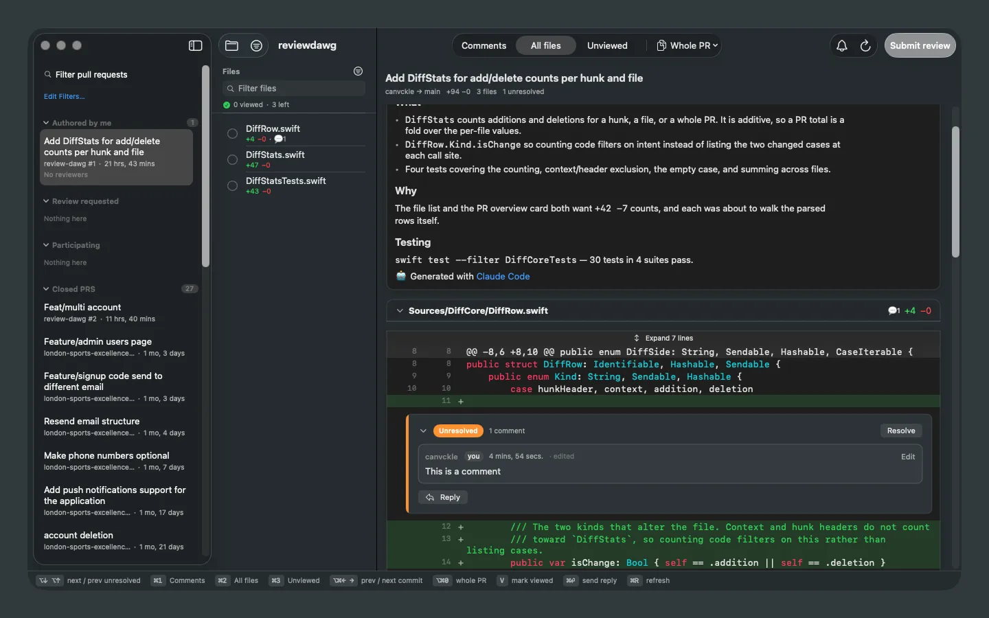 The reviewdawg window: a review queue on the left, the changed-file list beside it, and a syntax-highlighted diff with an unresolved comment thread on the right.