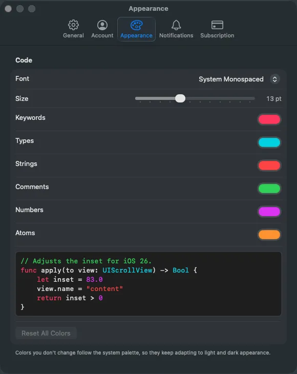 The Appearance tab of reviewdawg settings, with colour wells for syntax categories and a live code preview.