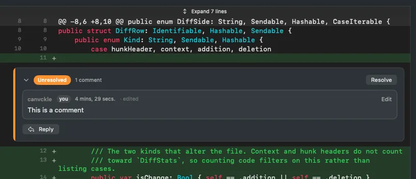 An unresolved review thread in reviewdawg, shown inline between syntax-highlighted diff lines, with Reply and Resolve buttons.
